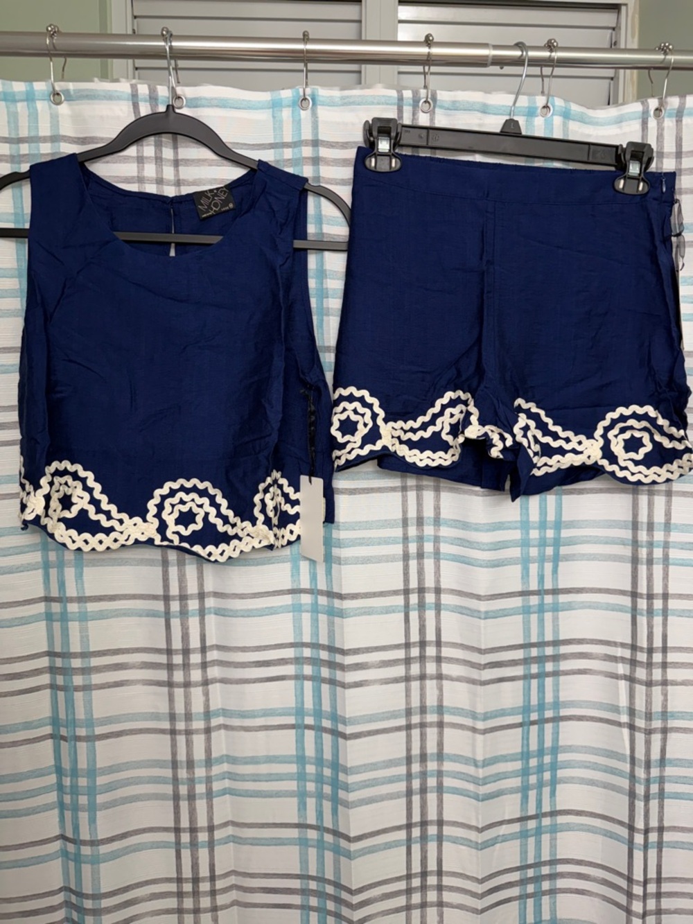 Navy Sleeveless Two-Piece Set with White Crochet Trim